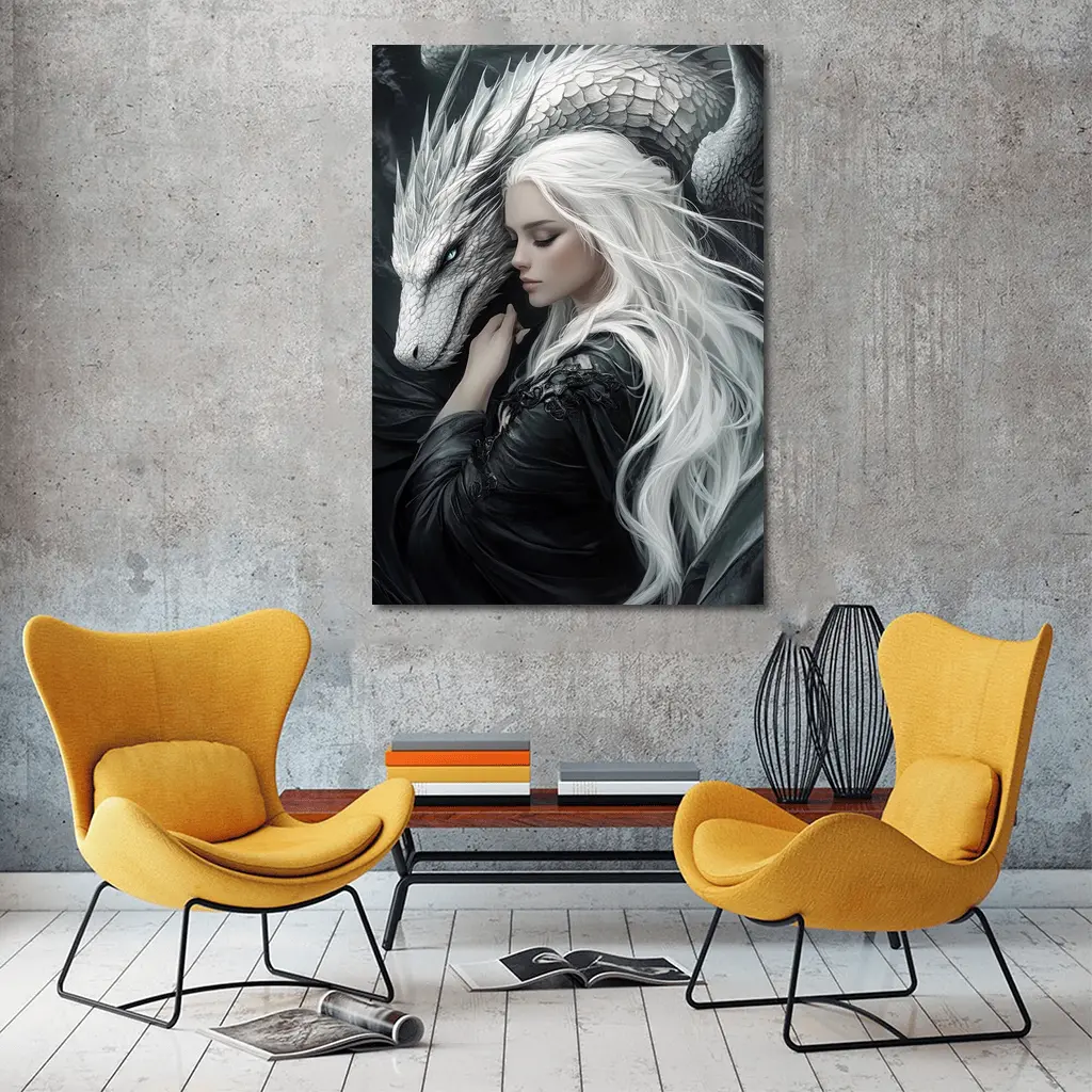White Haired Woman With Silver Dragon Fantasy – Wall Art