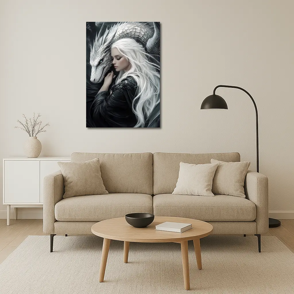 White Haired Woman With Silver Dragon Fantasy – Wall Art