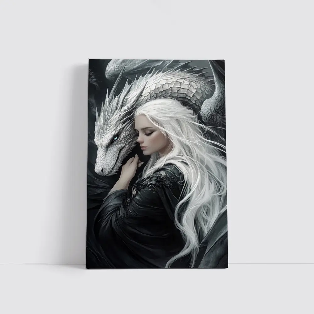 White Haired Woman With Silver Dragon Fantasy – Wall Art