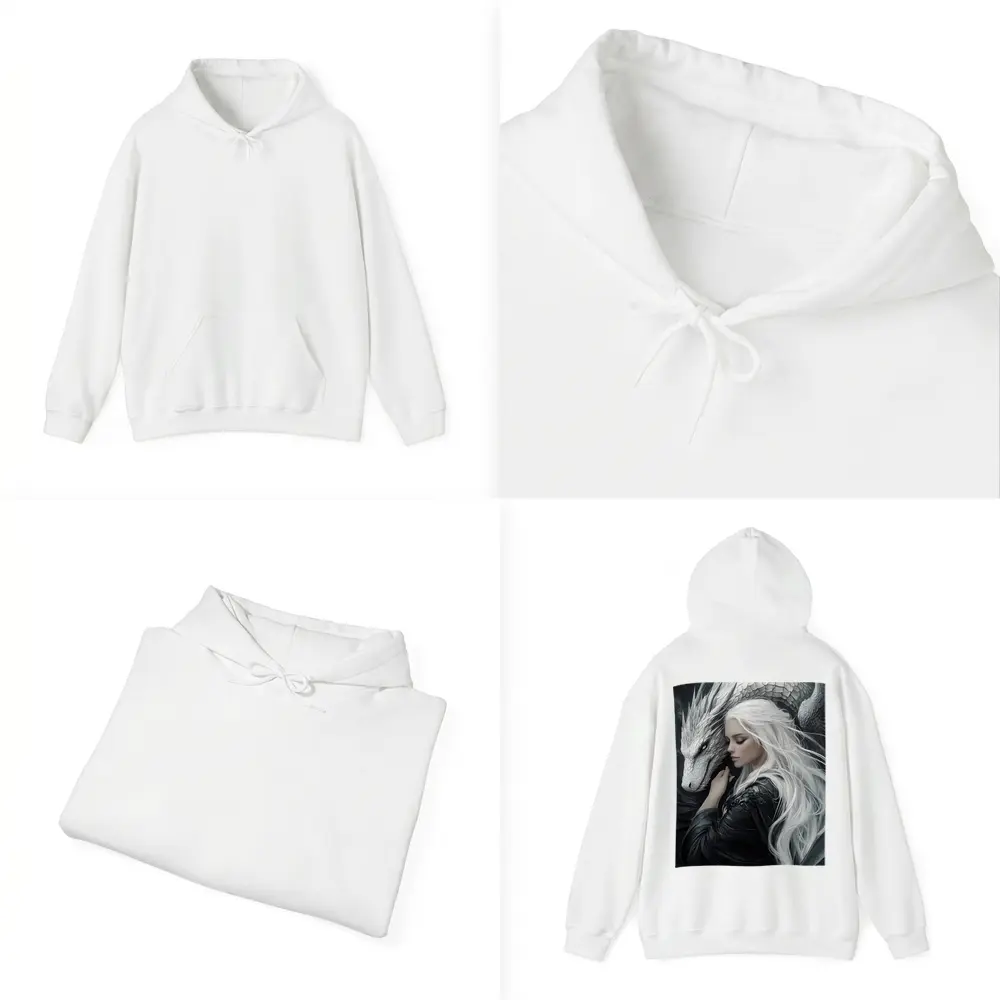 White Haired Woman With Silver Dragon Fantasy – Hoodies