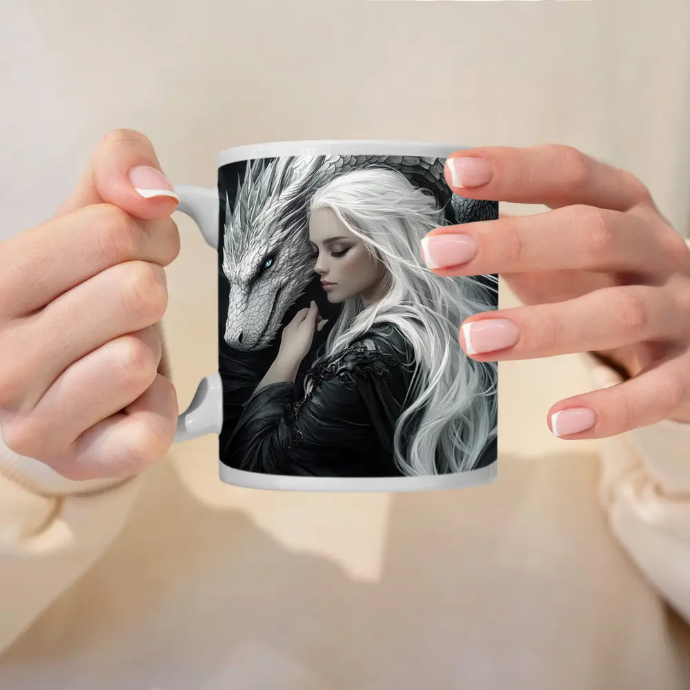 White Haired Woman With Silver Dragon Fantasy – Mugs