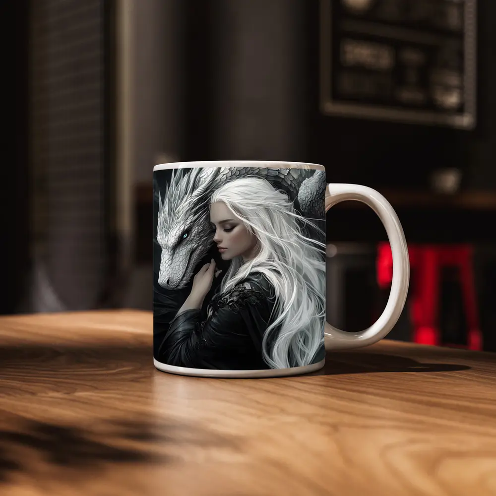 White Haired Woman With Silver Dragon Fantasy – Mugs