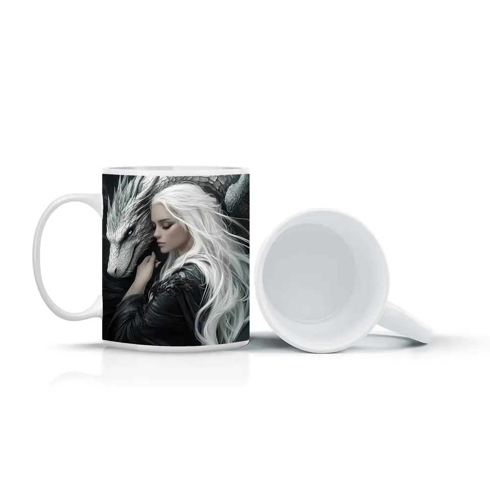 White Haired Woman With Silver Dragon Fantasy – Mugs