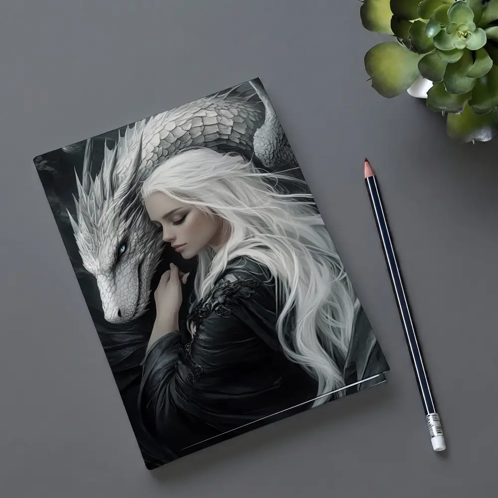 White Haired Woman With Silver Dragon Fantasy – Notebooks