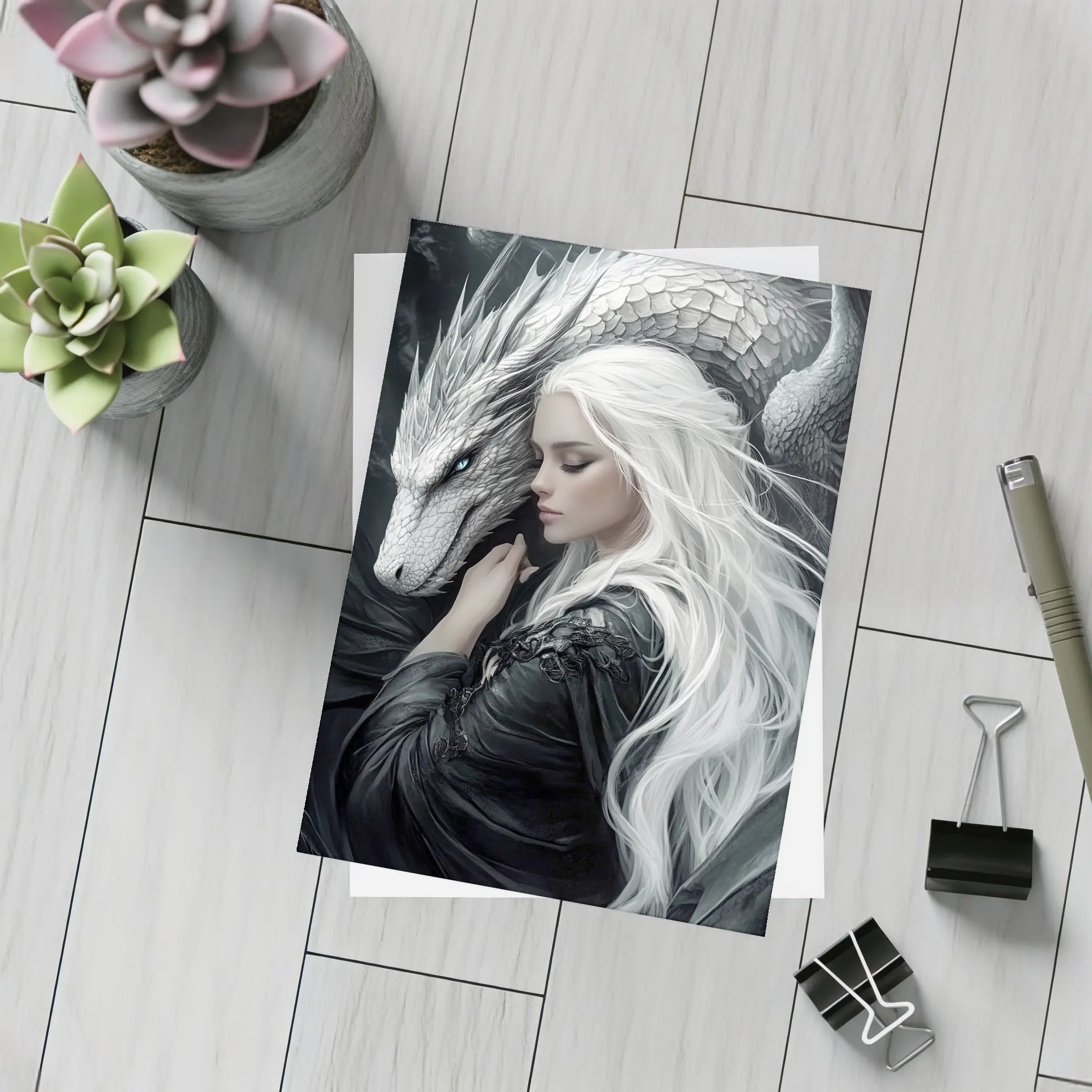 White Haired Woman With Silver Dragon Fantasy – Postcards