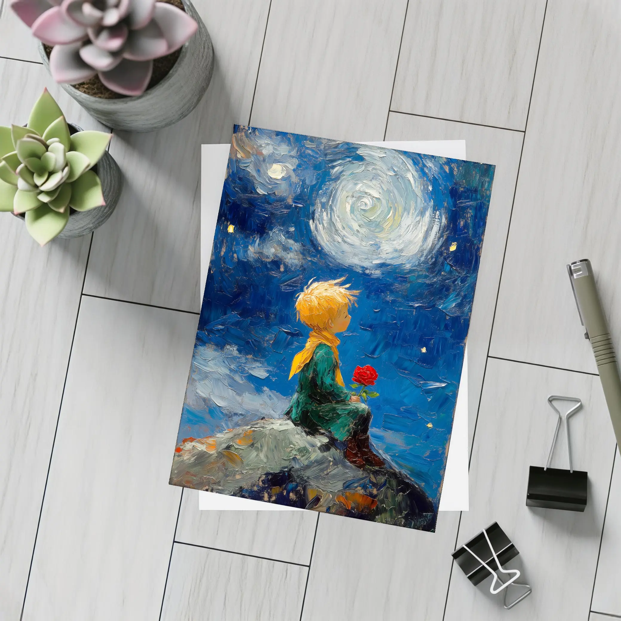 Little Prince Rose Starry Night Oil Painting – Postcards
