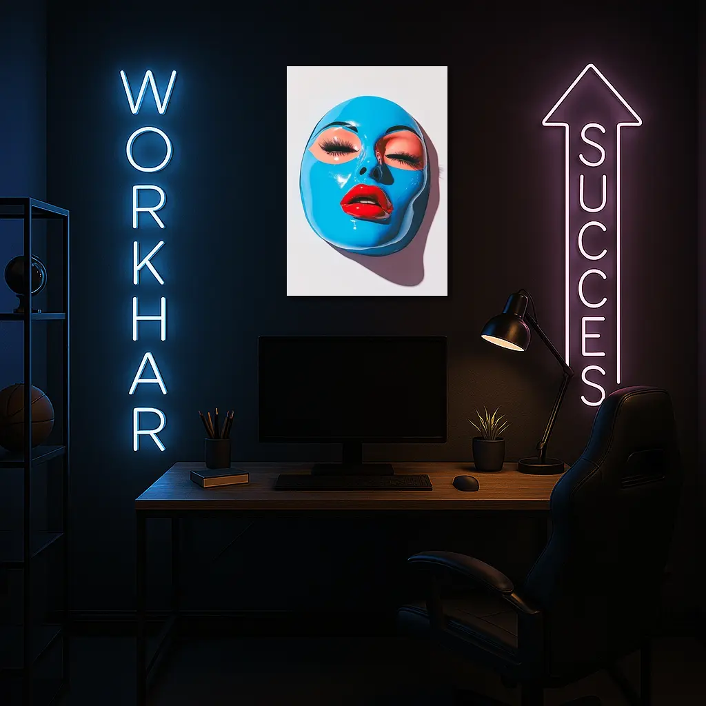 Blue Glossy Face Mask Red Lips Art – Wall Art