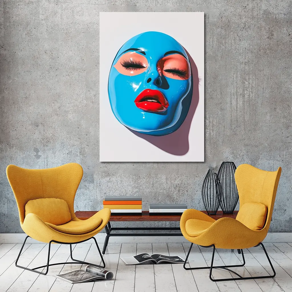 Blue Glossy Face Mask Red Lips Art – Wall Art