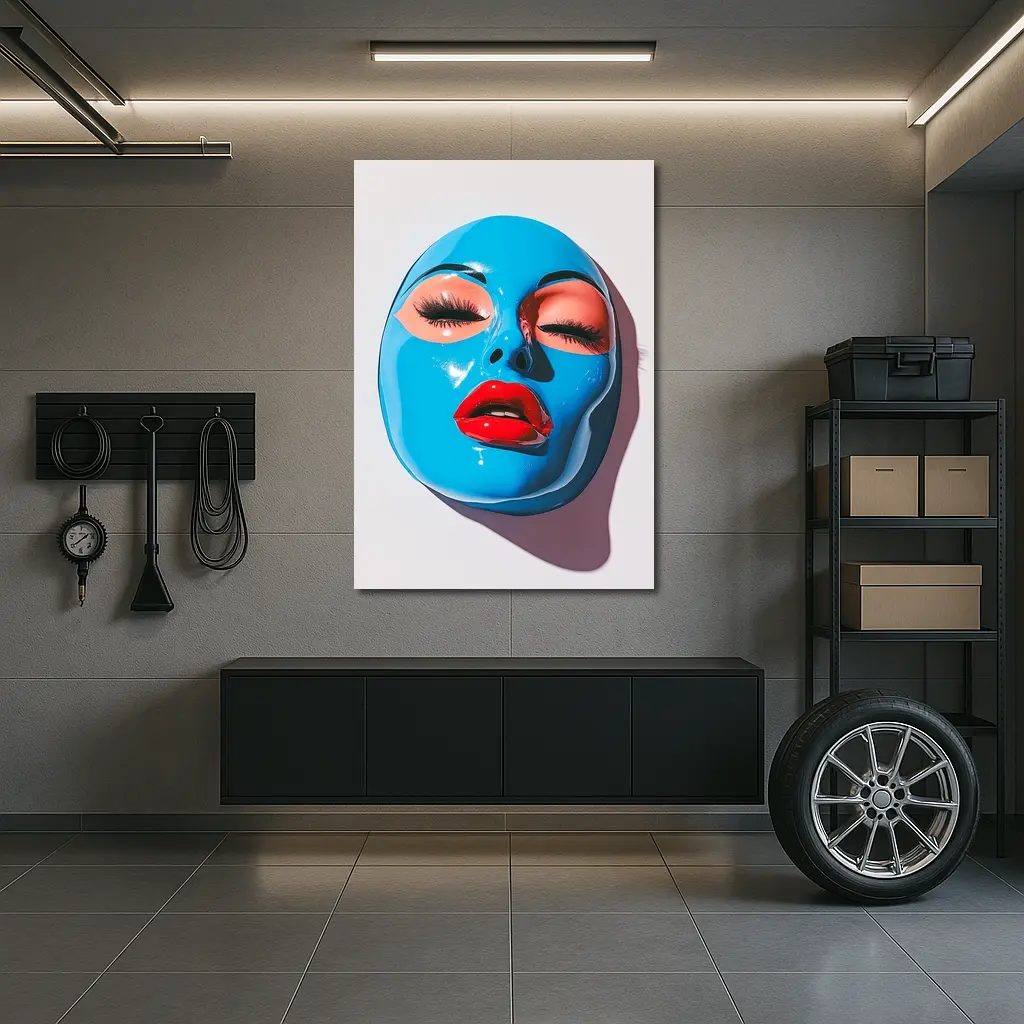 Blue Glossy Face Mask Red Lips Art – Wall Art