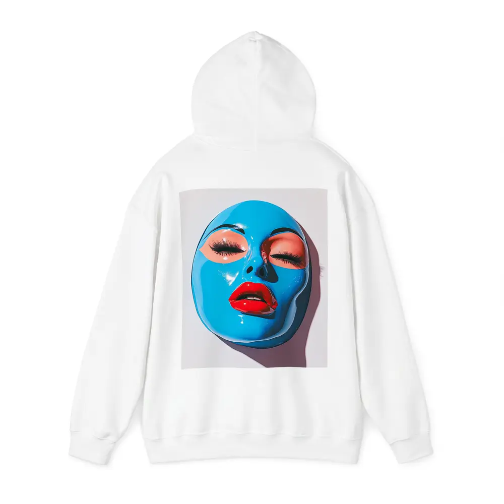 Blue Glossy Face Mask Red Lips Art – Hoodies