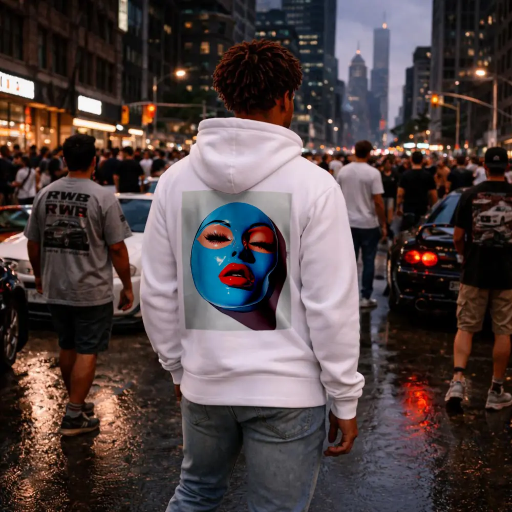 Blue Glossy Face Mask Red Lips Art – Hoodies