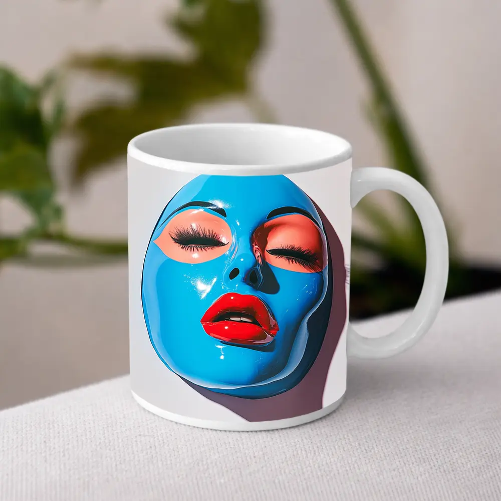 Blue Glossy Face Mask Red Lips Art – Mugs