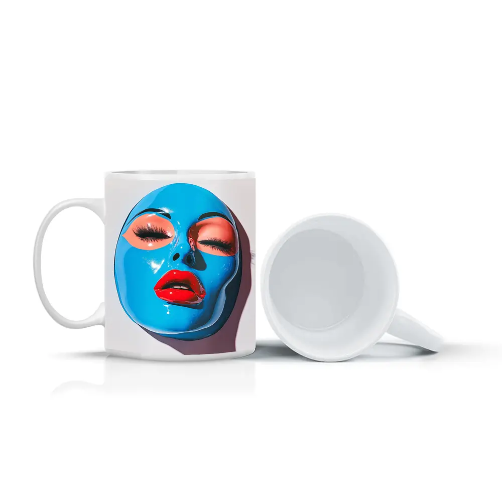 Blue Glossy Face Mask Red Lips Art – Mugs