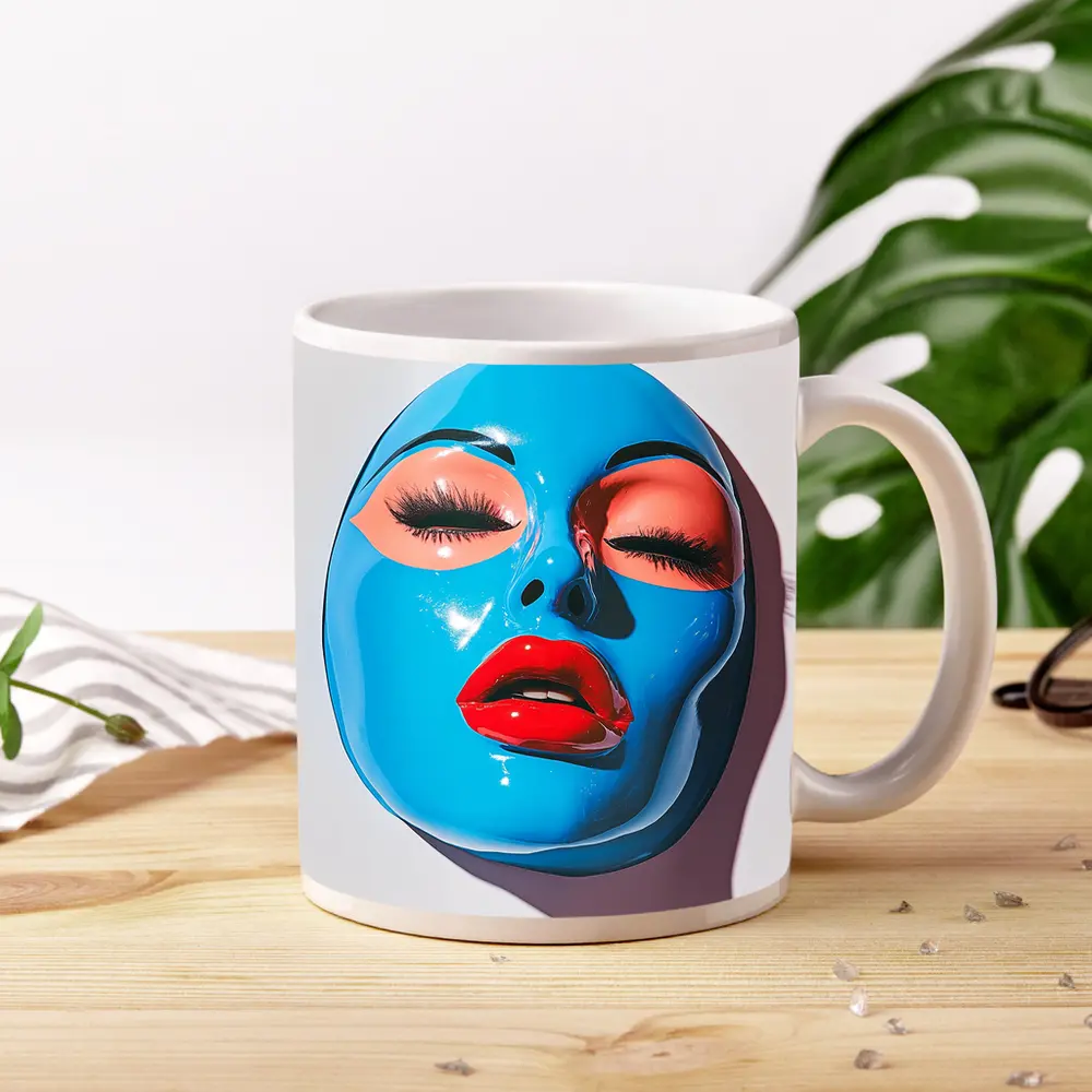 Blue Glossy Face Mask Red Lips Art – Mugs