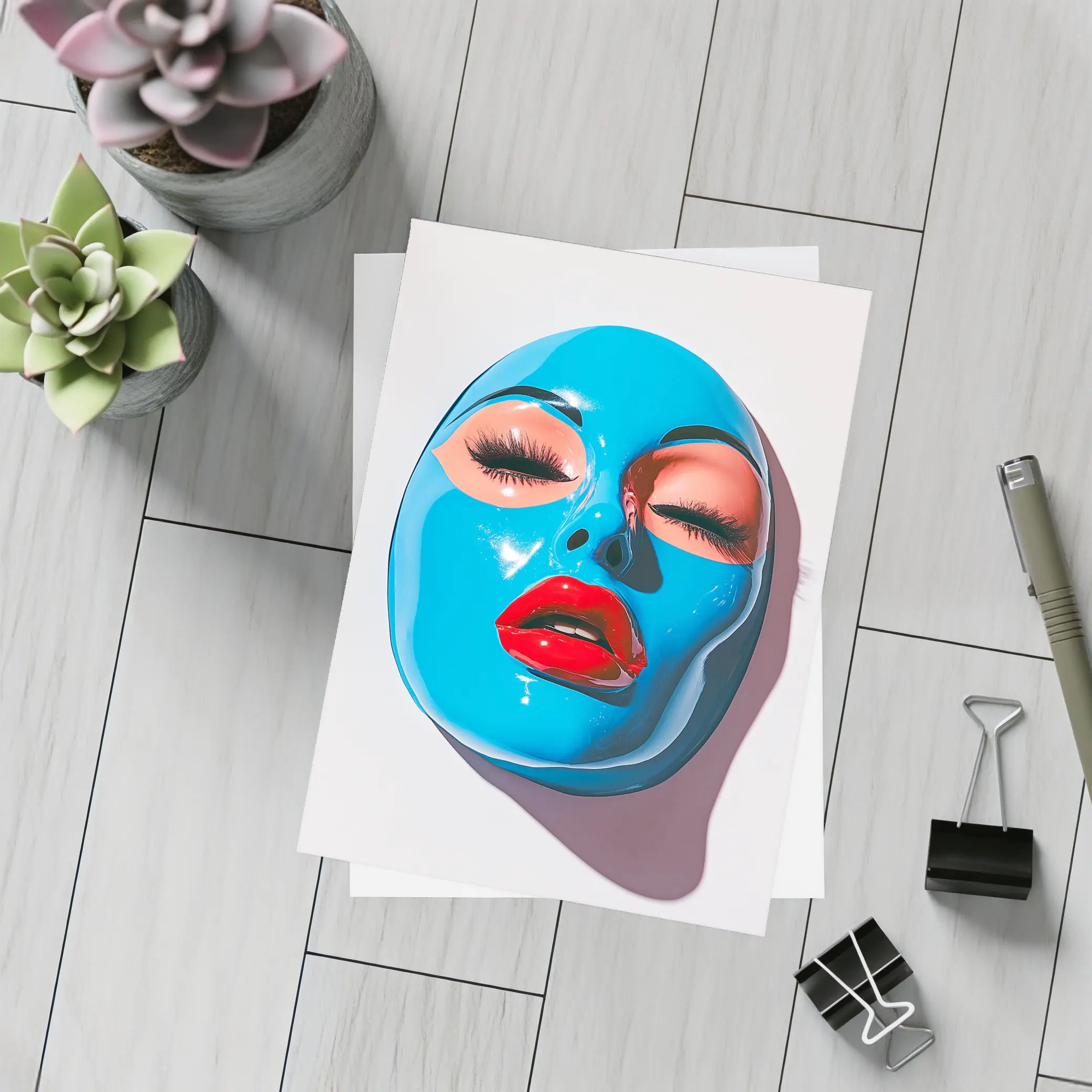 Blue Glossy Face Mask Red Lips Art – Postcards