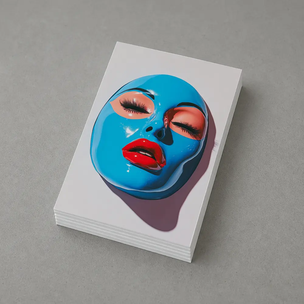 Blue Glossy Face Mask Red Lips Art – Postcards