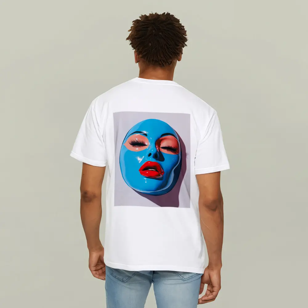 Blue Glossy Face Mask Red Lips Art – T-Shirts