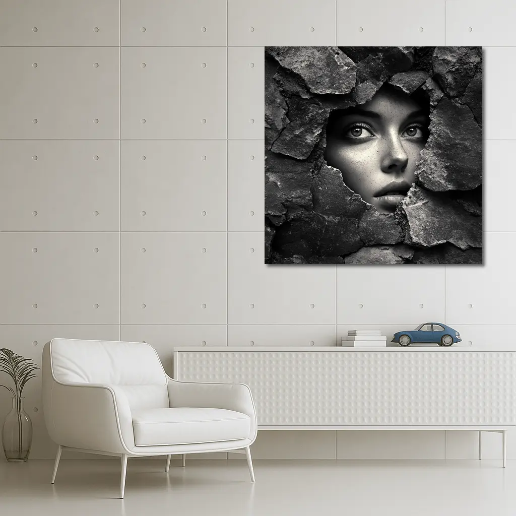 Woman Face Emerging Through Cracked Stone Wall – Wall Art