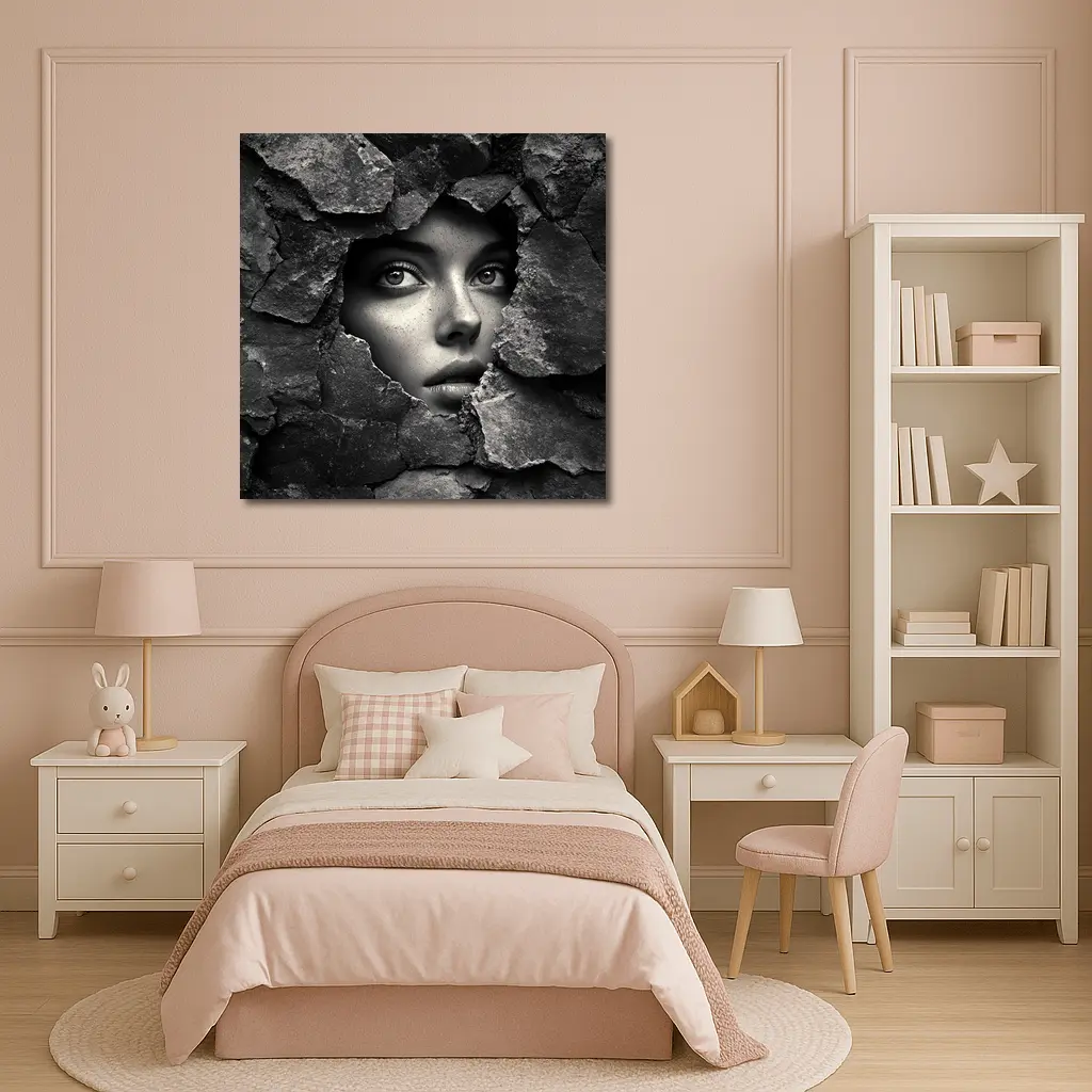 Woman Face Emerging Through Cracked Stone Wall – Wall Art