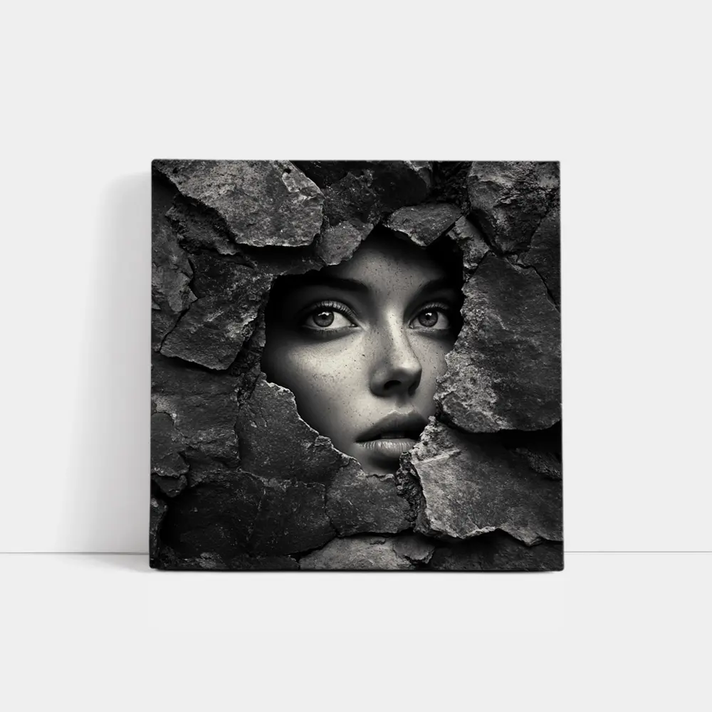 Woman Face Emerging Through Cracked Stone Wall – Wall Art