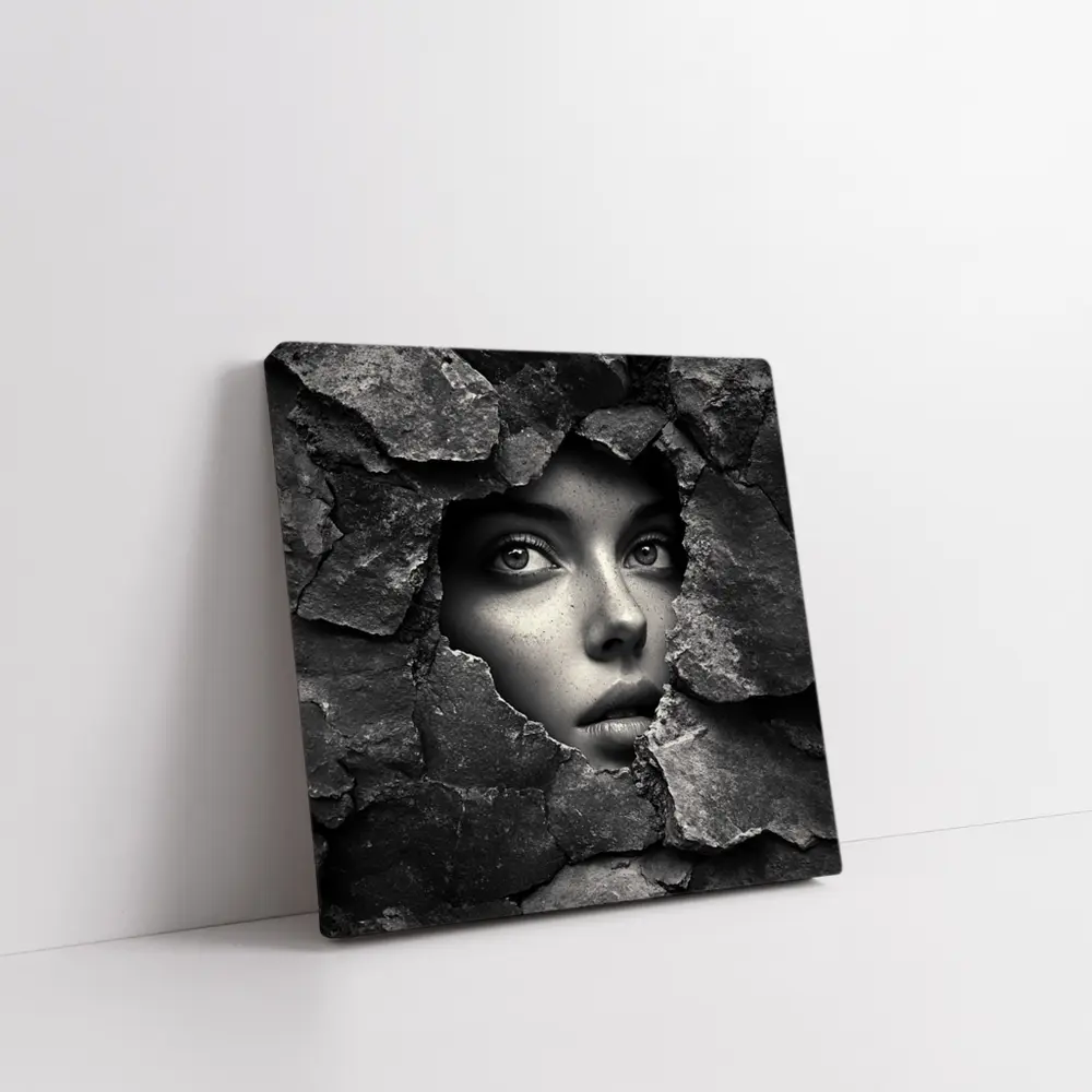 Woman Face Emerging Through Cracked Stone Wall – Wall Art