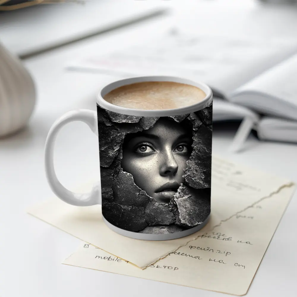 Woman Face Emerging Through Cracked Stone Wall – Mugs
