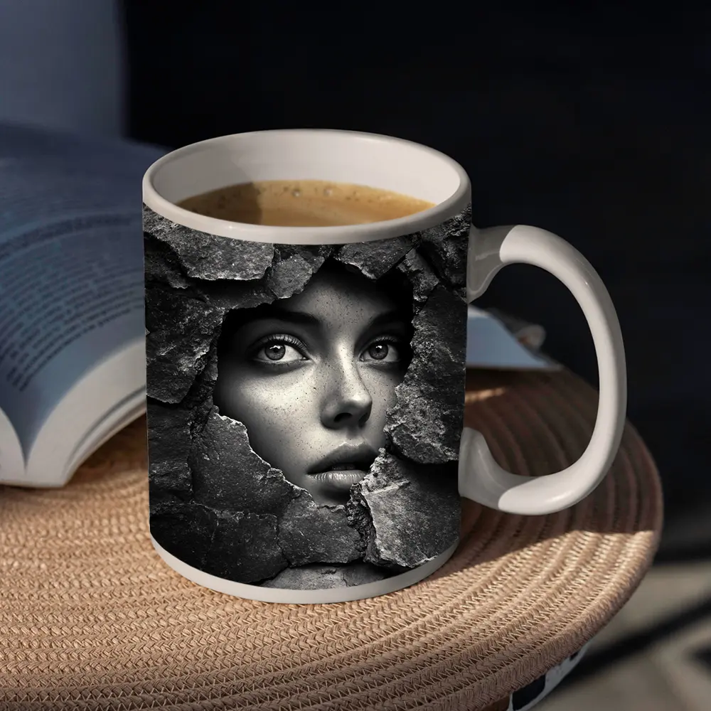 Woman Face Emerging Through Cracked Stone Wall – Mugs