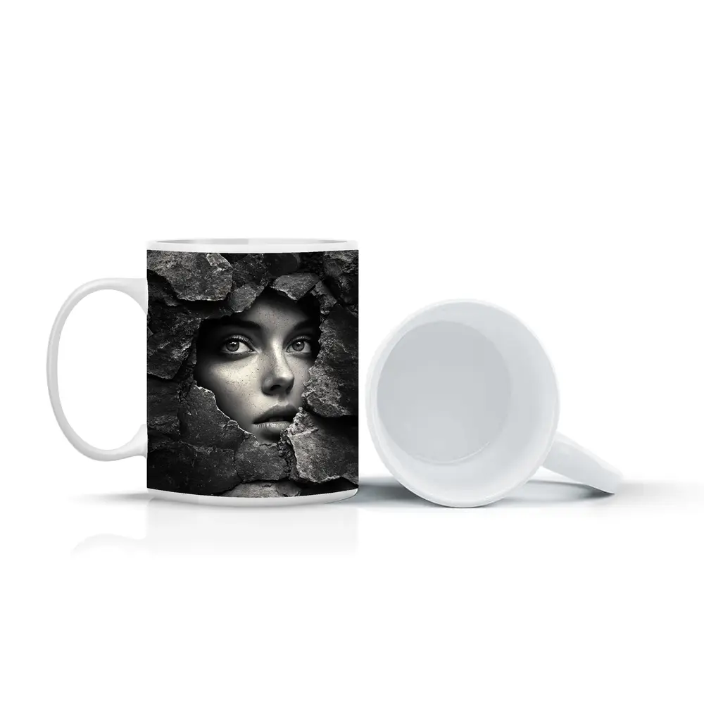 Woman Face Emerging Through Cracked Stone Wall – Mugs