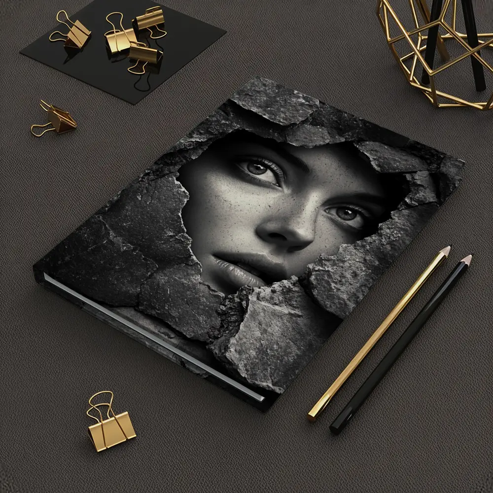 Woman Face Emerging Through Cracked Stone Wall – Notebooks