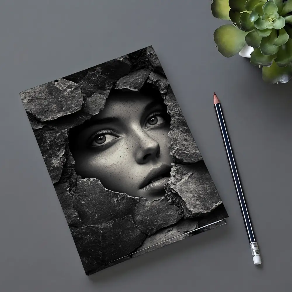 Woman Face Emerging Through Cracked Stone Wall – Notebooks