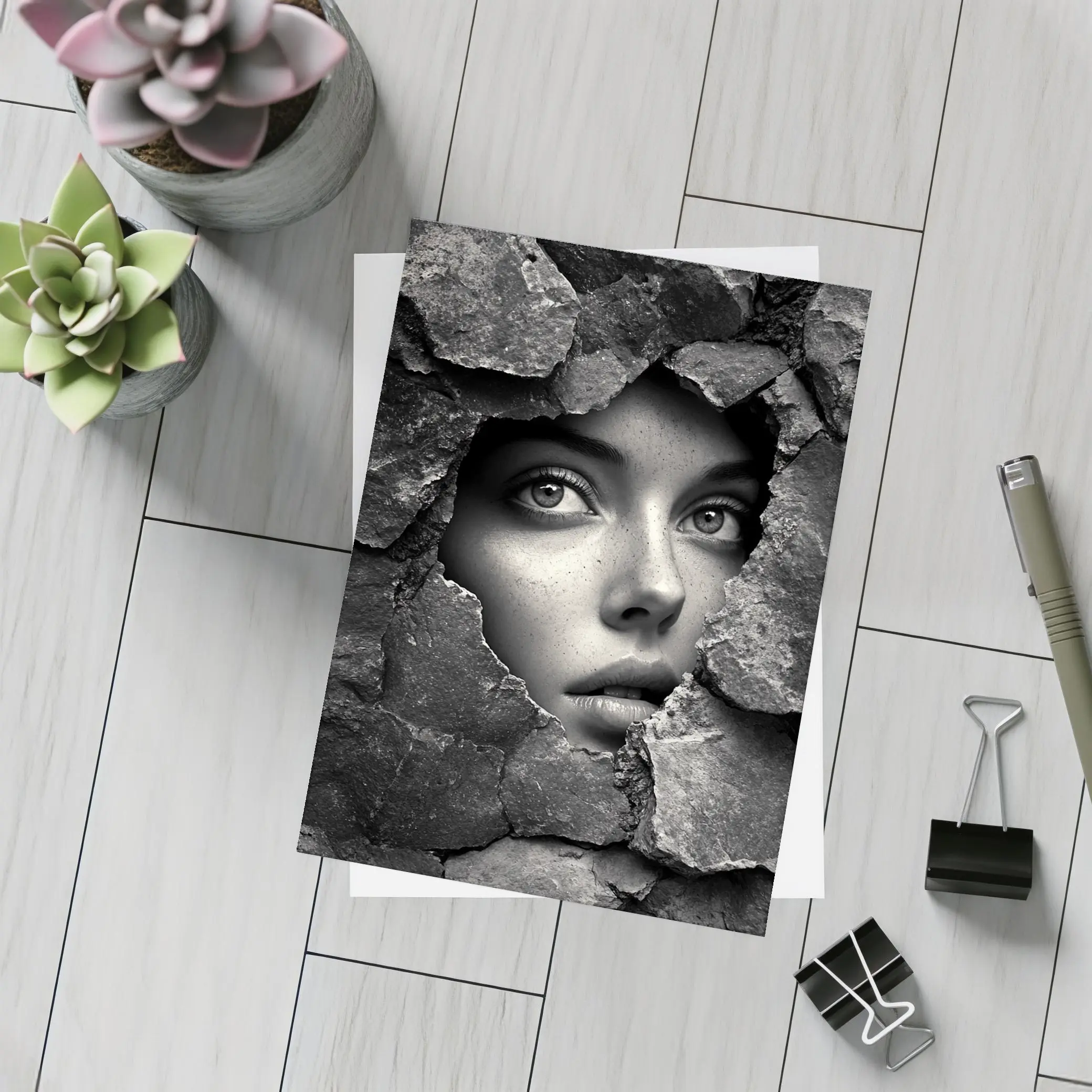Woman Face Emerging Through Cracked Stone Wall – Postcards