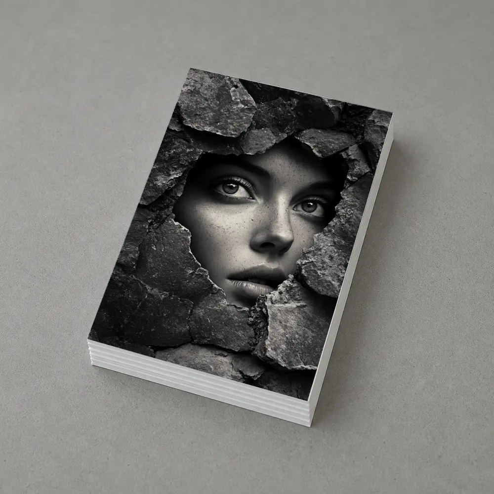 Woman Face Emerging Through Cracked Stone Wall – Postcards