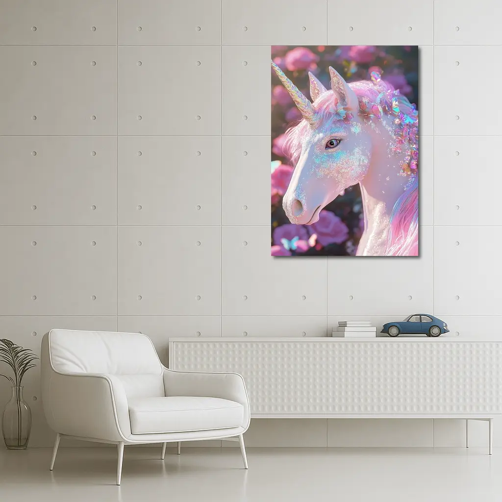 Glitter Unicorn With Pink Roses Background – Wall Art