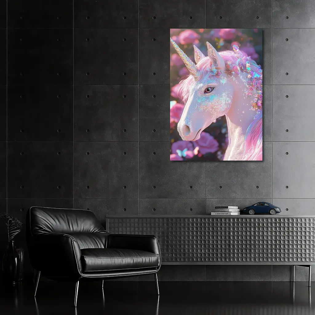 Glitter Unicorn With Pink Roses Background – Wall Art