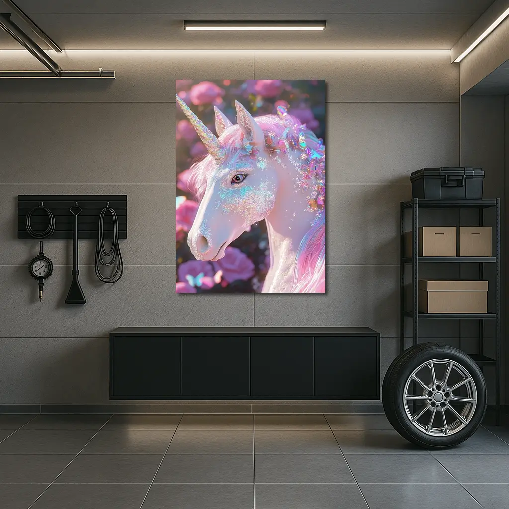 Glitter Unicorn With Pink Roses Background – Wall Art