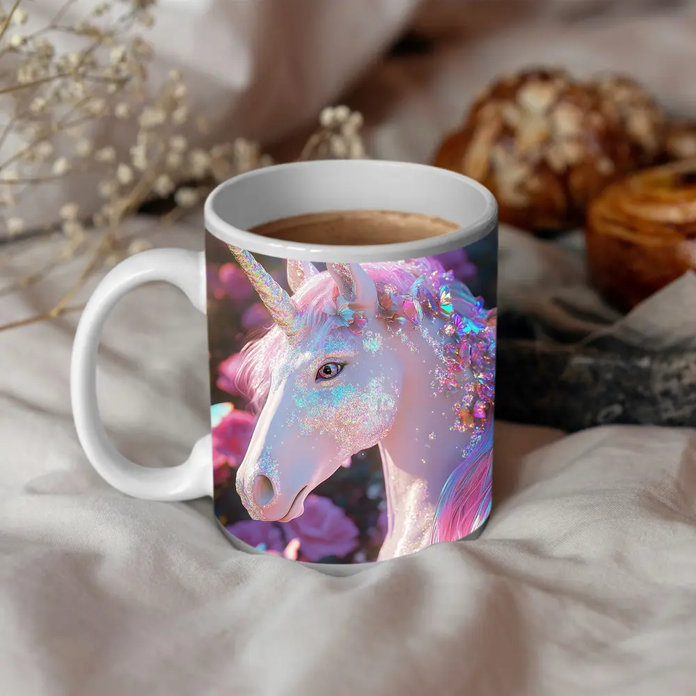 Glitter Unicorn With Pink Roses Background – Mugs