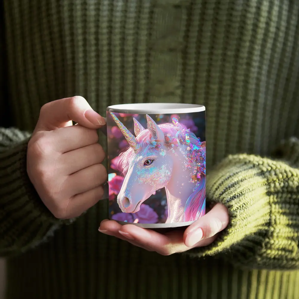 Glitter Unicorn With Pink Roses Background – Mugs
