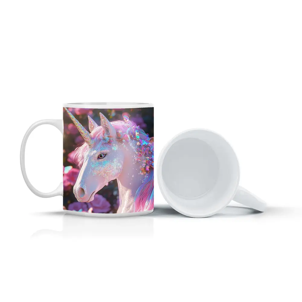 Glitter Unicorn With Pink Roses Background – Mugs
