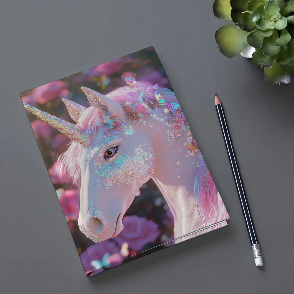 Glitter Unicorn With Pink Roses Background – Notebooks