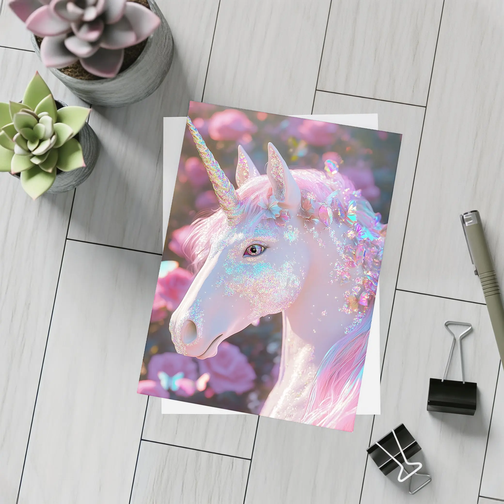 Glitter Unicorn With Pink Roses Background – Postcards
