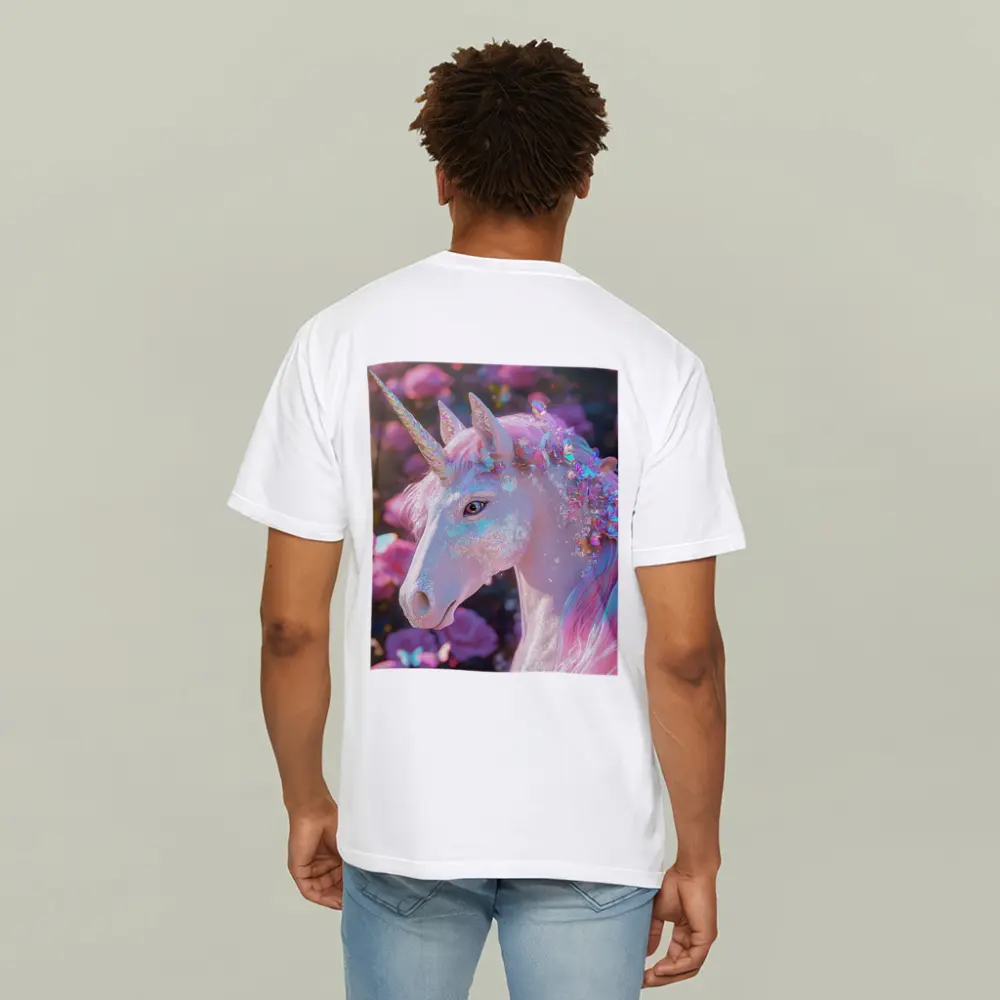 Glitter Unicorn With Pink Roses Background – T-Shirts