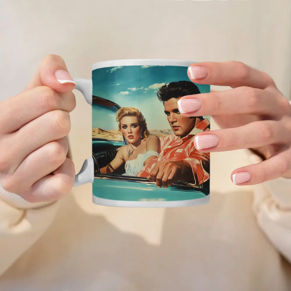 Elvis Style Couple Retro Convertible Desert Drive – Mugs
