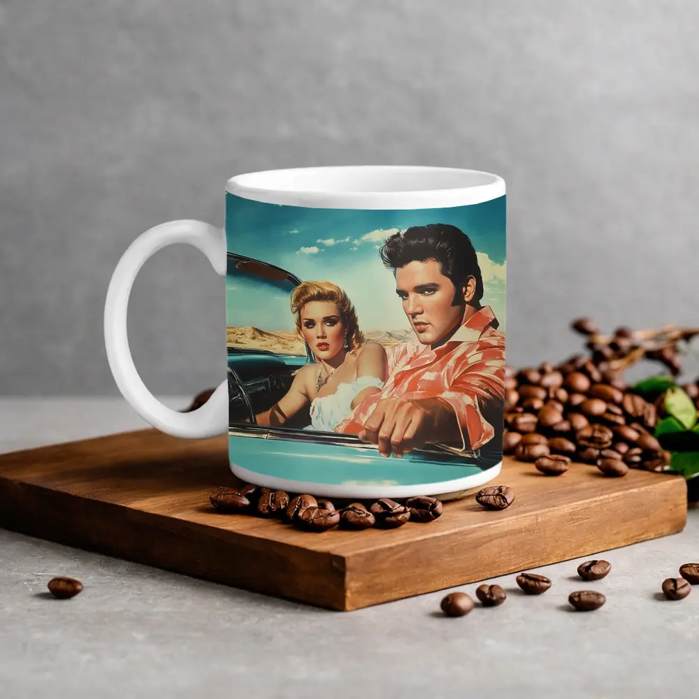 Elvis Style Couple Retro Convertible Desert Drive – Mugs