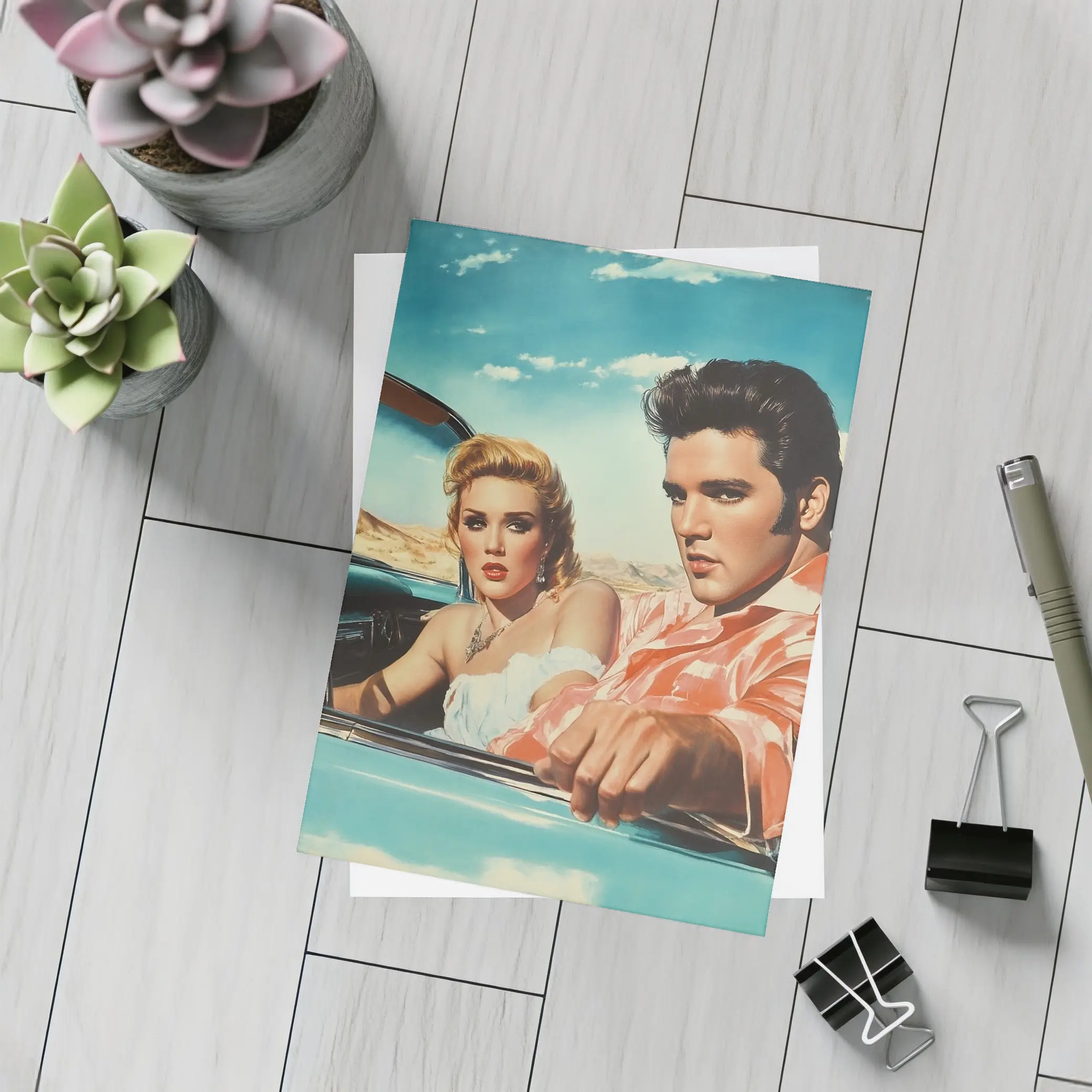 Elvis Style Couple Retro Convertible Desert Drive – Postcards