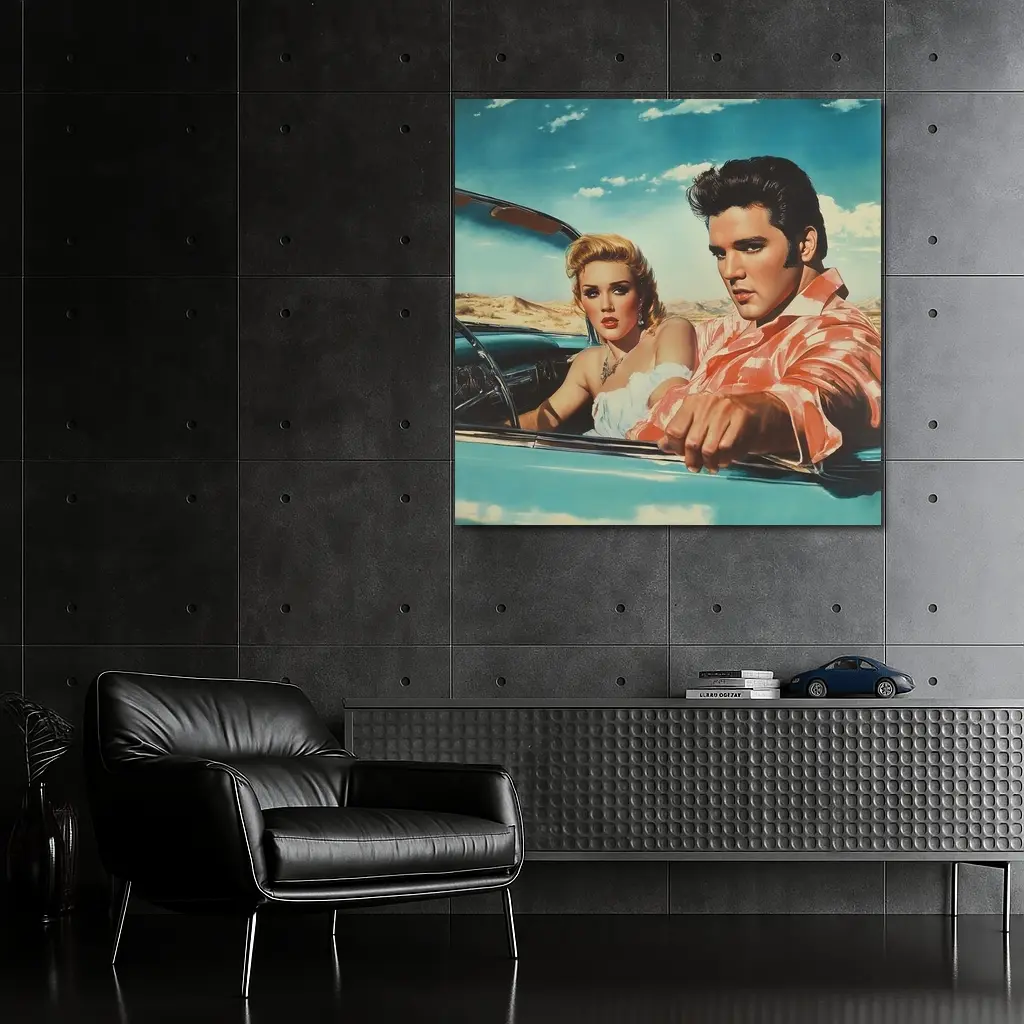 Elvis Style Couple Retro Convertible Desert Drive – Wall Art