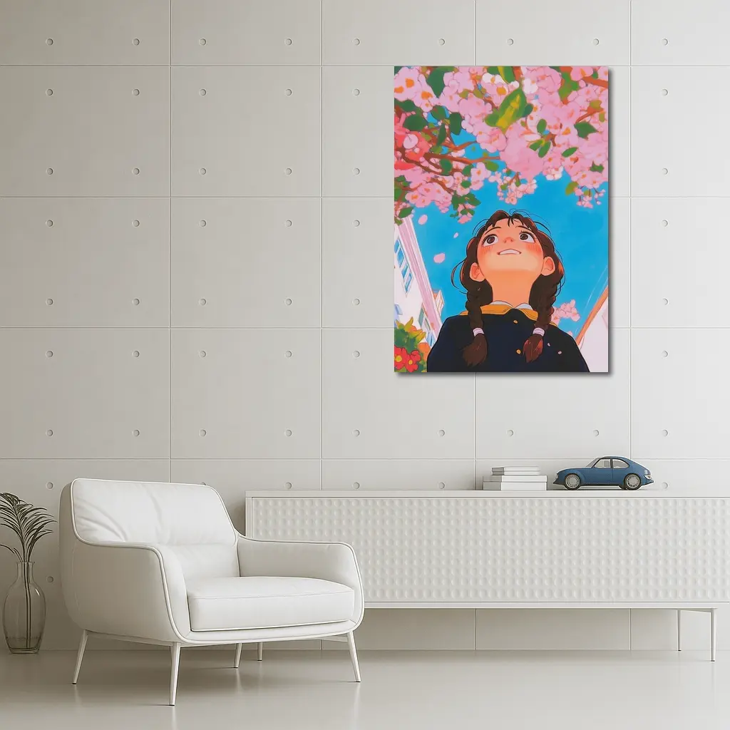 Anime Girl Looking Up Cherry Blossoms – Wall Art