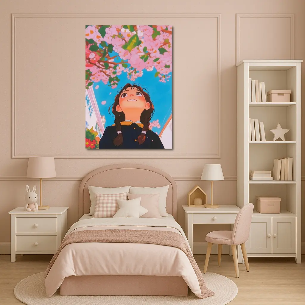 Anime Girl Looking Up Cherry Blossoms – Wall Art