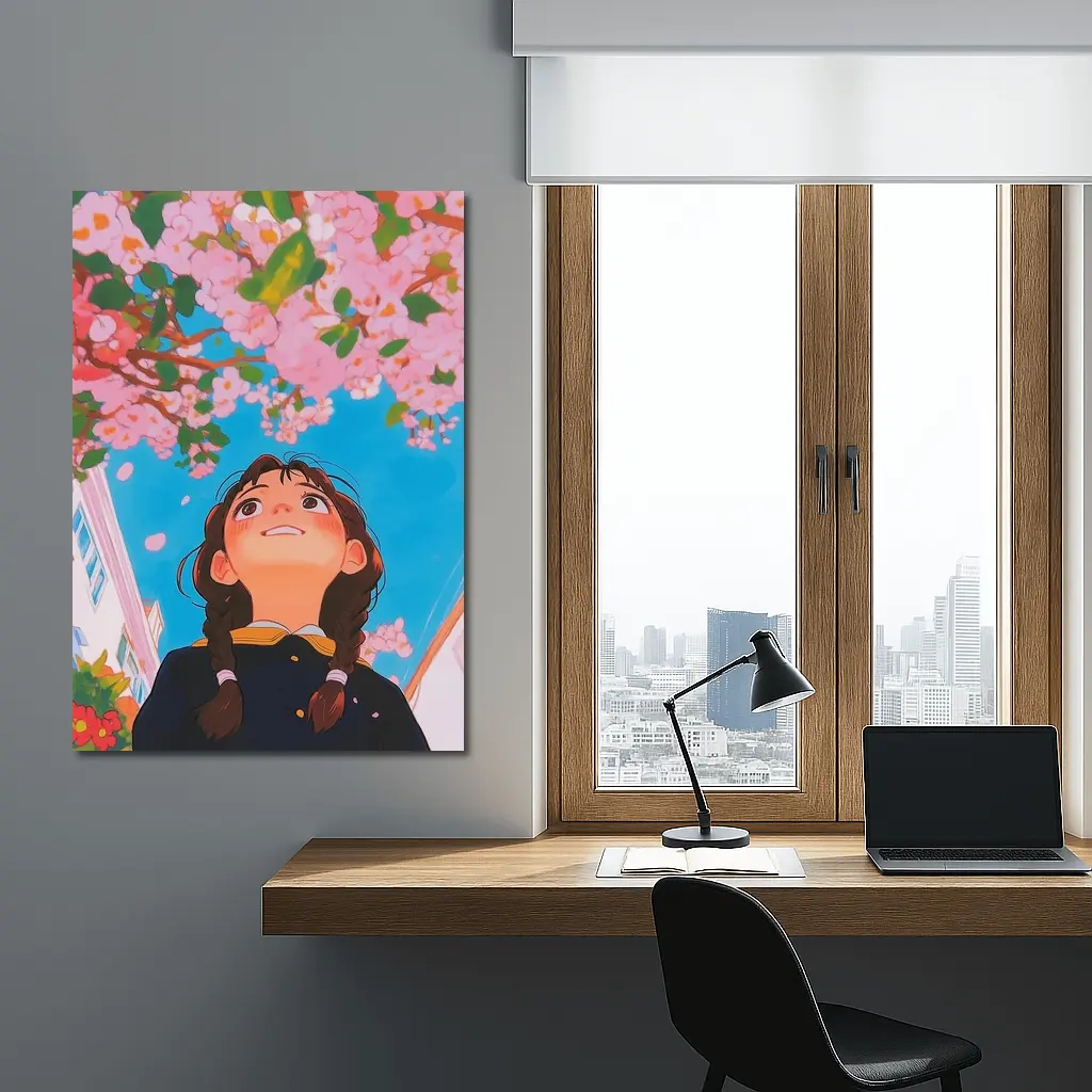 Anime Girl Looking Up Cherry Blossoms – Wall Art
