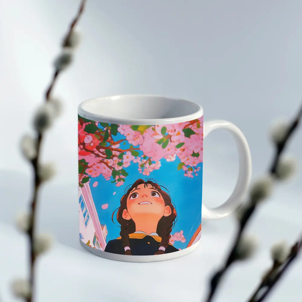 Anime Girl Looking Up Cherry Blossoms – Mugs