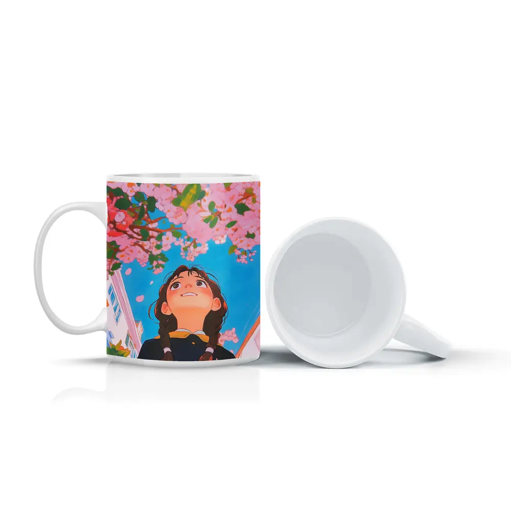 Anime Girl Looking Up Cherry Blossoms – Mugs